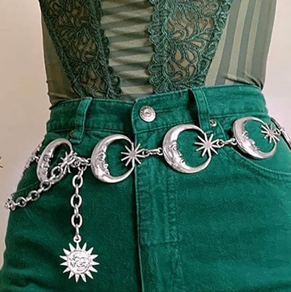 Silver moon and stars chain belt 44.5".  Many others listed